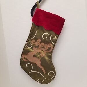 Green satin and velvet deer Christmas stocking 18 inches tall